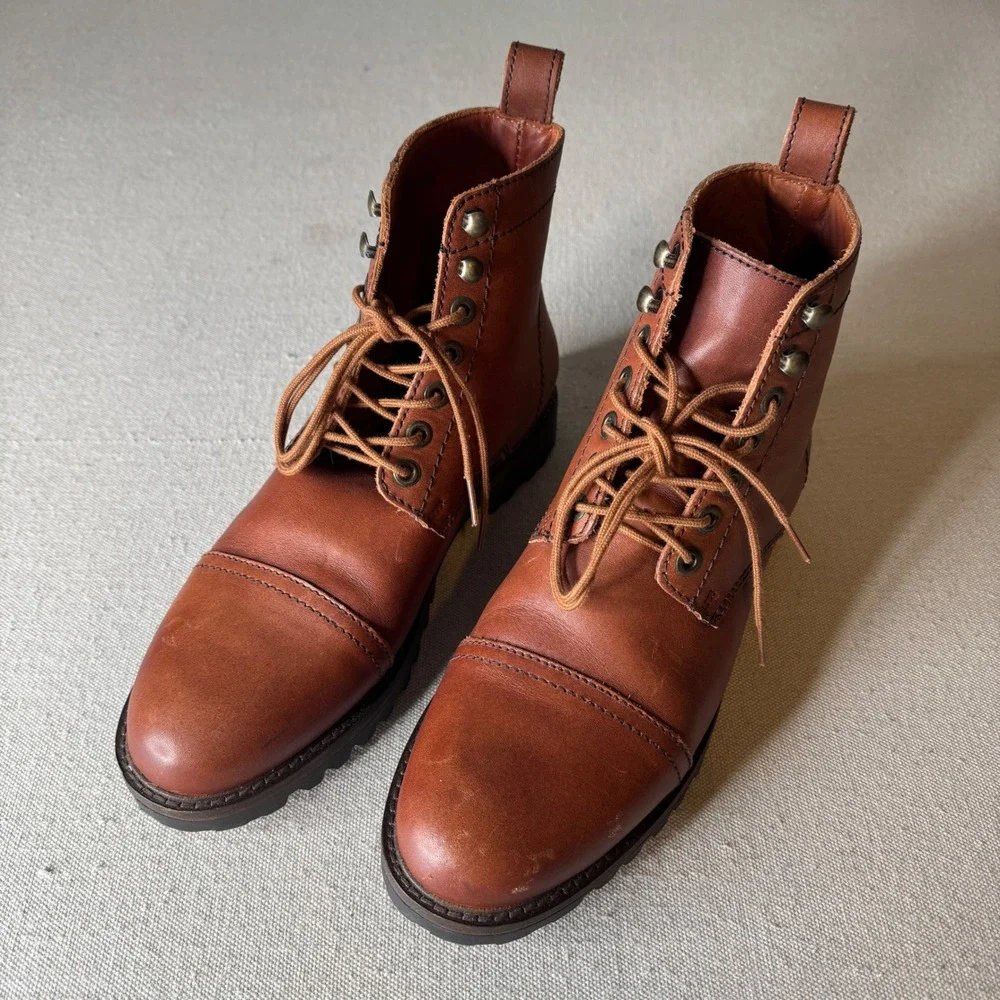 Patina Footwear Mens Leather Cap Toe Combat Boots Brown BP2123691 Size 9.5